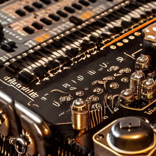 Image similar to a steampunk synthesizer, closeup details, cinematic light,