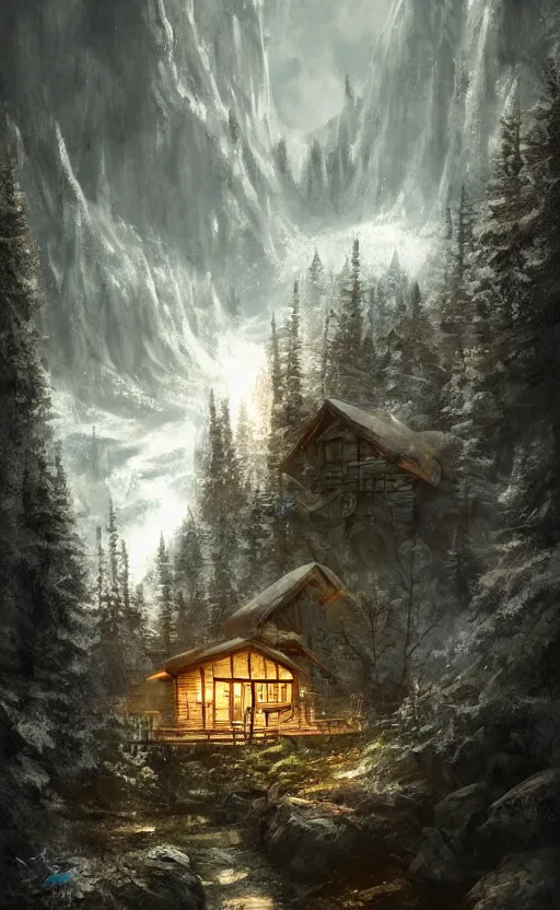 Image similar to cabin high on a mountain, the valley beneath, dynamic lighting, photorealistic fantasy concept art, trending on art station, stunning visuals, creative, cinematic, ultra detailed