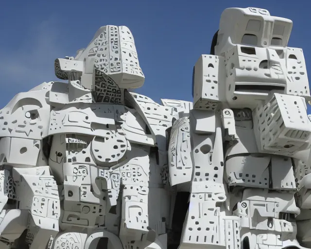 Image similar to photo of minimalist abstract cubist sculpture of hills with random mecha mayan decorations, covered with few large white airplane parts