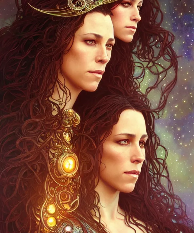 Image similar to Alanis Morissette as a fantasy magic woman portrait, sci-fi, amber eyes, face, long hair, fantasy, intricate, elegant, highly detailed, digital painting, artstation, concept art, smooth, sharp focus, illustration, art by artgerm and greg rutkowski and alphonse mucha