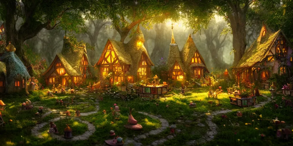 Image similar to inside an ethereal magical fairy village, highly detailed, 8 k, hdr, award - winning, octane render, artstation