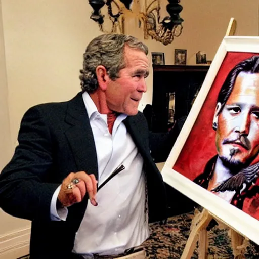 Prompt: george w bush painting a picture of johnny depp with wings