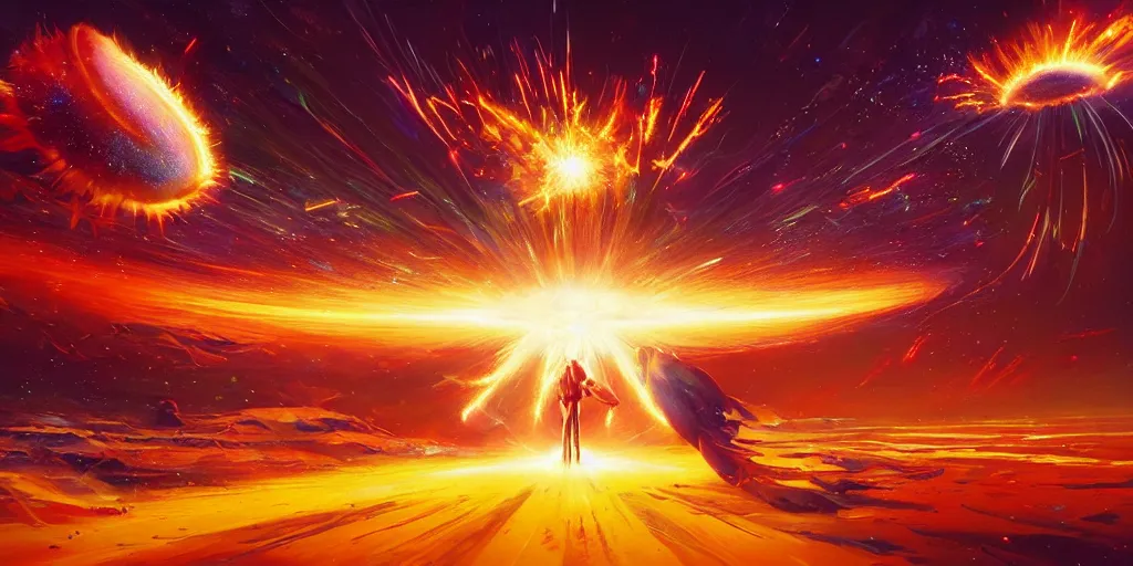 Prompt: thousand sunny explosion, fast shutter speed, high speed, VFX particle simulation, action photo, 1/1000 sec shutter by RHADS and Bruce Pennington