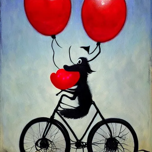 Image similar to grunge painting of a dog riding a bike with a wide smile and a red balloon by chris leib, loony toons style, pennywise style, corpse bride style, horror theme, detailed, elegant, intricate