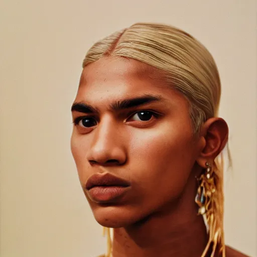 Image similar to realistic photoshooting for a new balenciaga lookbook, color film photography, portrait of a blonde indian woman, photo in style of tyler mitchell, 3 5 mm,