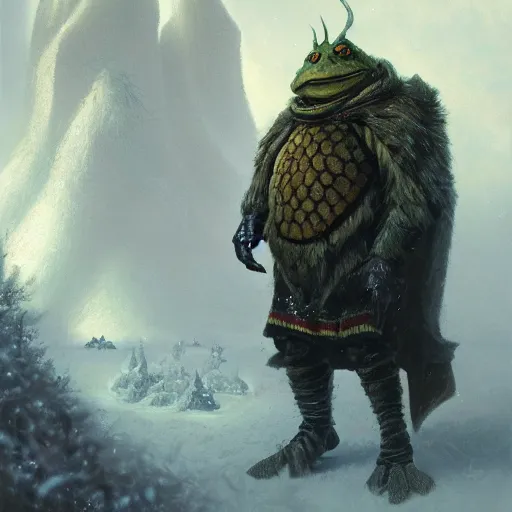 Prompt: anthropomorphic turtle humanoid, greg rutkowski, tim hildebrandt, winter, furs, warhammer, fantasy