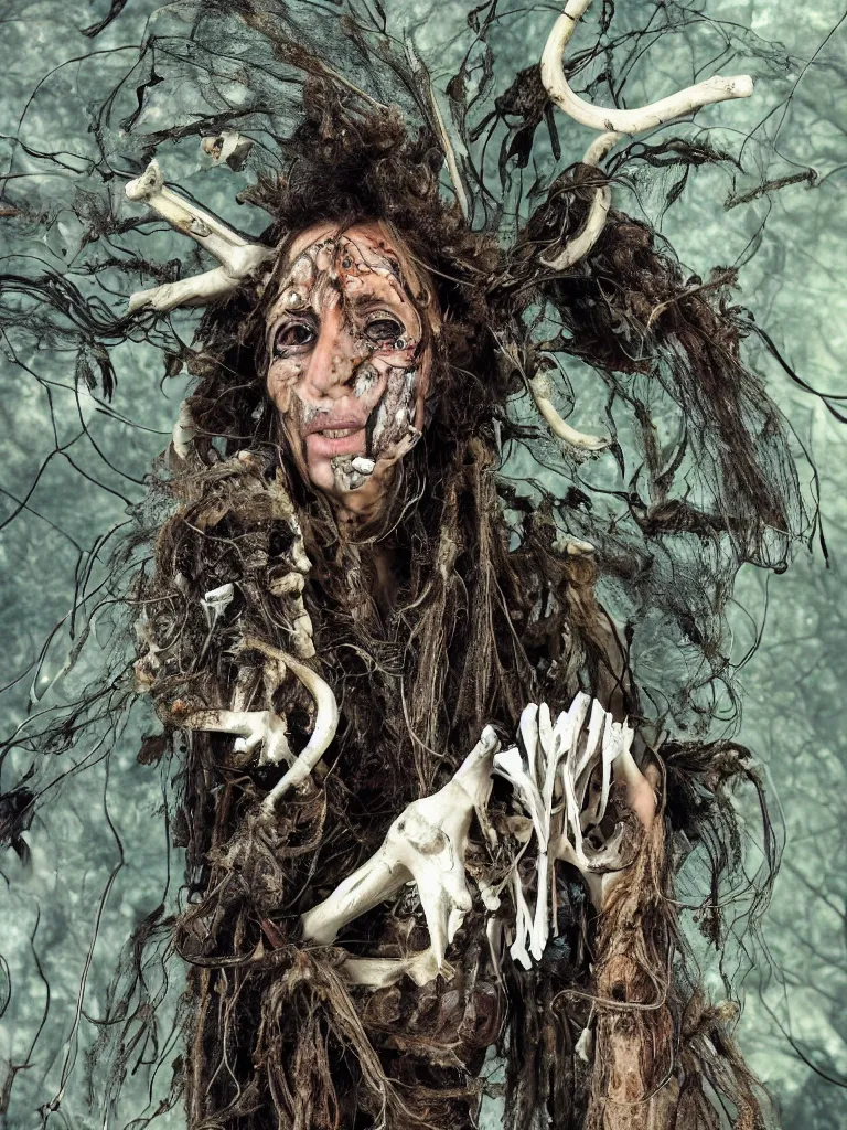 Prompt: a shaman with bone virtual reality brain to brain sensing interface headset made of fungal mycelial feathered mats, dressed with biomechanoid exoskeleton biocouture, dancing inside time machine space time tunnel