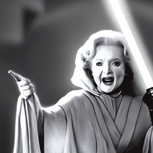 Prompt: betty white in'star wars'as a sith lord, full body, cinematic scene, cinematic lighting, 1 4 mm