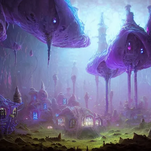 Image similar to concept art detailed painting of a dark purple fantasy fairytale fungal town made of mushrooms, with glowing blue lights, in the style of jordan grimmer and neil blevins and wayne barlowe