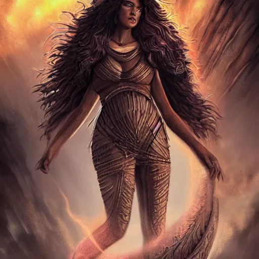 Image similar to a colossal goddess from above, creative, brown skin, giant, digital art, city, town, highly detailed, photo manipulation, up there, dark clouds, dark gray hair, digital painting, on fire, low angle, smoke, artstation