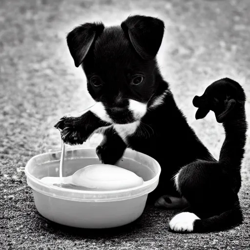 Image similar to black and white photography of a puppie sharing his meal with a small baby cat, animal photography, award winning photography by Leonardo Espina