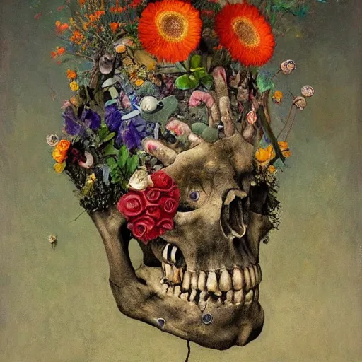 Image similar to 'Life from death' A beautiful detailed aesthetic horror full body painting depicting 'A skeleton with plants and flowers growing all over it, birds and bees flying all around it' by Odilon Redon and giuseppe arcimboldo, Trending on cgsociety artstation, 8k, masterpiece, cinematic lighting.