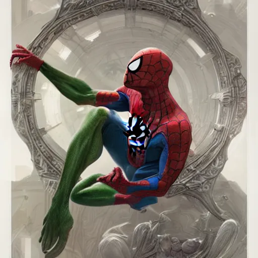 Image similar to ultra realistic illustration, wide angle shot, kermit as spider man, intricate, elegant, highly detailed, digital painting, artstation, concept art, smooth, sharp focus, by artgerm and greg rutkowski and alphonse mucha