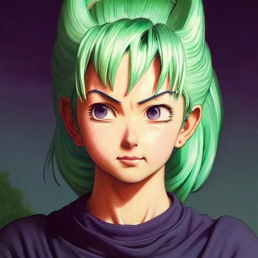 Prompt: highly detailed vfx portrait of bulma by eiichiro oda!, stephen bliss, greg rutkowski, loish, rhads, beeple, makoto shinkai, tom bagshaw, alphonse mucha, sharp focus, art by artgerm and greg rutkowski, stanley kubrick, backlit, harsh overhead sunlight,