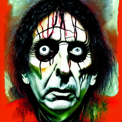 Image similar to graphic illustration, creative design, alice cooper, biopunk, francis bacon, highly detailed, hunter s thompson, mixed media, concept art