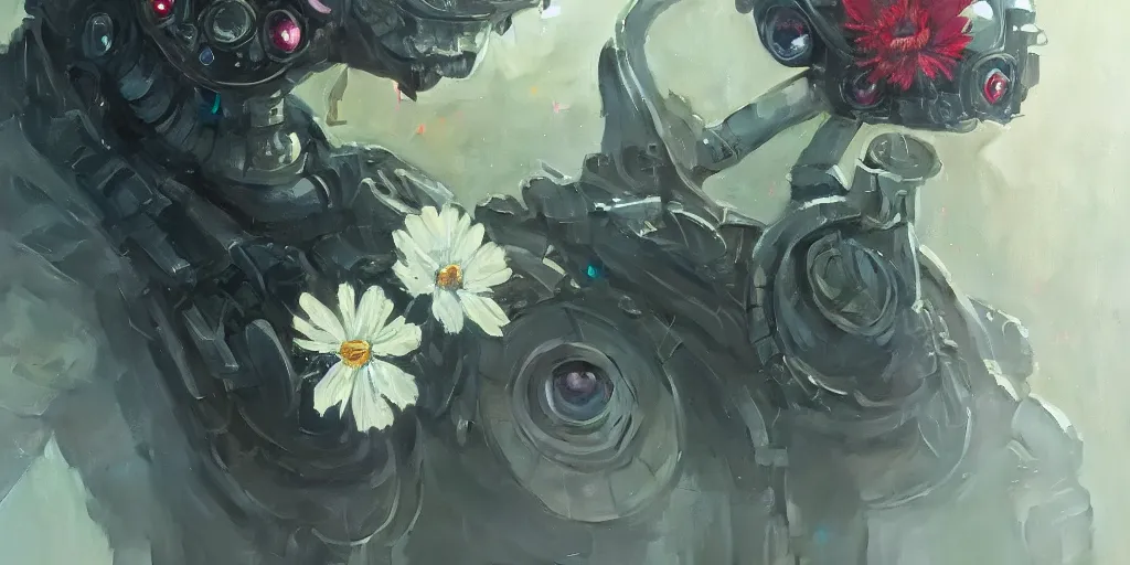 Prompt: close up of a beautiful flower with robot eyes in the middle by Greg rutkowski