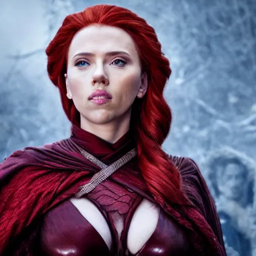 Prompt: scarlett johansson modeling as melisandre from game of thrones, photograph