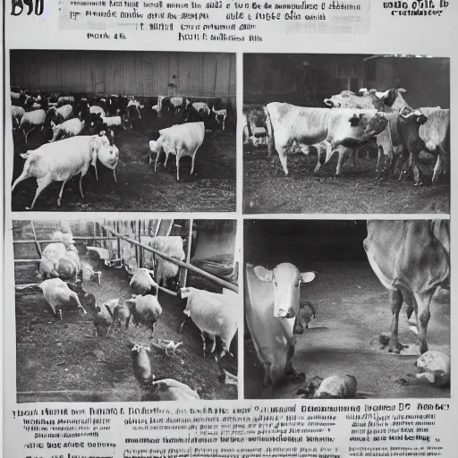 Prompt: Newspaper pictures of cows and chickens on strike over conditions in factory farms, vintage photography, highly detailed,