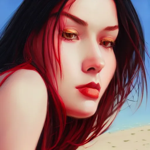 Image similar to woman with long dark black hair wearing red clothing standing by the beach, beautiful, 8k, highly detailed, realistic, artgerm, sakimichan, rutkowski, trending on artstation, perfect face, portrait, high contrast, golden light, dramatic lighting,