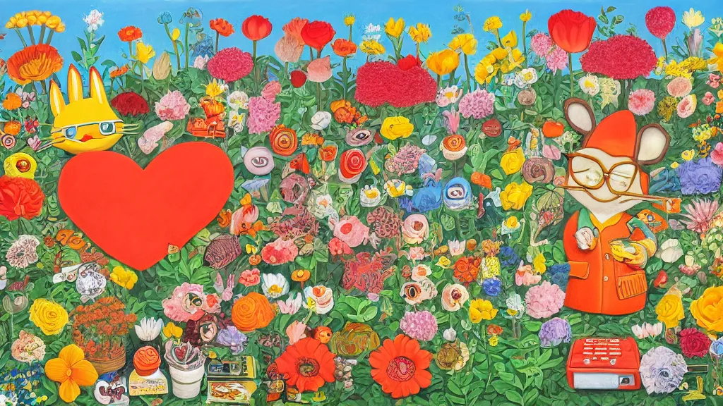 Prompt: highly detailed richard scarry oil painting of a heart surrounded by all the known species of flowers