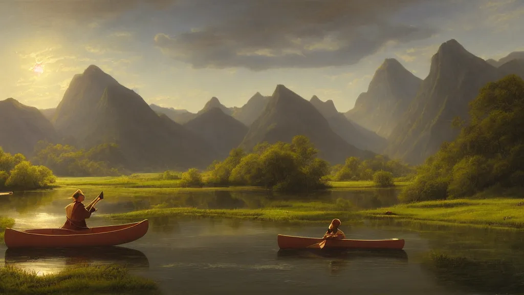 Prompt: painting of a beautiful landscape, canoe floating down the river, first light, grassy plains, valley, lush grass, river, canoe, by noah bradley and greg rutkowski