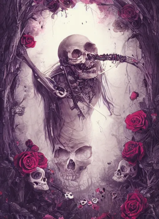 Image similar to Alice in Wonderland,roses,bullets,death tarot card,highly detailed,half skull face,cinematic,8k,by Stanley Artgermm,Tom Bagshaw,Greg Rutkowski,Carne Griffiths, Ayami Kojima, Beksinski, Giger,trending on DeviantArt,hyper detailed,horror, full of colour