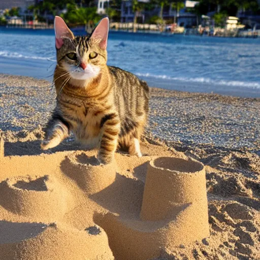 Prompt: a tabby cat building a sandcastle on the beach