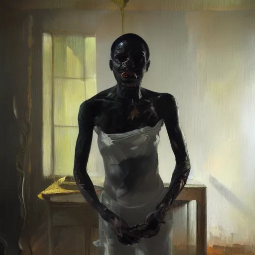 Image similar to palette knife oil painting portrait of a black nightmare in a room, extreme detail, liminal aesthetic, artgerm, deviant art, octane, substance, art history 8 k, by balthus