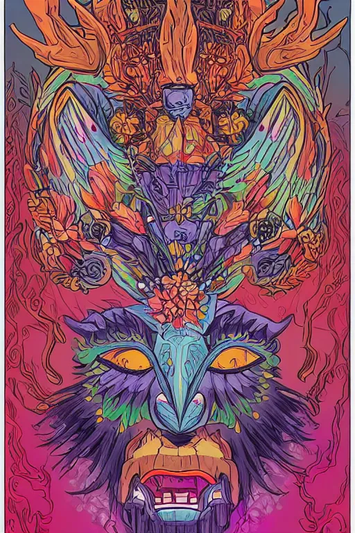 Image similar to animal mask totem roots flower tribal feather gemstone plant wood rock shaman vodoo video game vector cutout illustration vivid multicolor borderlands comics by josan gonzales and dan mumford radiating a glowing aura