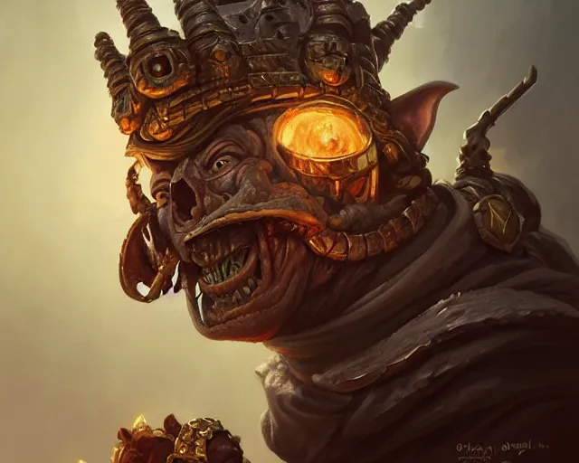 Image similar to a mind - blowing portrait of a goblin chieftain, wearing a human skull as a hat, deep focus, d & d, fantasy, intricate, elegant, highly detailed, digital painting, artstation, concept art, matte, sharp, illustration, hearthstone, art by artgerm and greg rutkowski and alphonse mucha