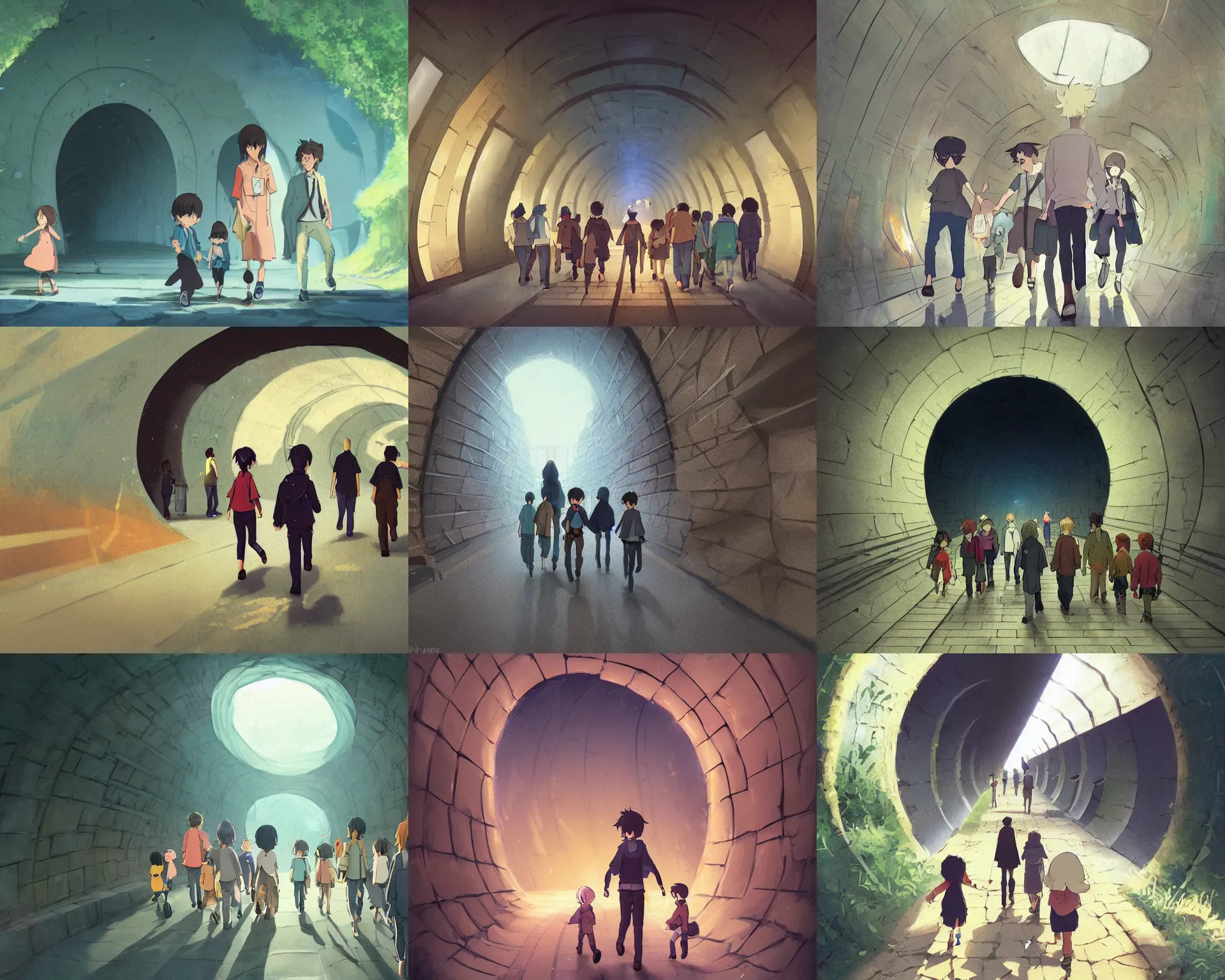 Prompt: a group of people walking through a tunnel, a storybook illustration by makoto shinkai, cg society contest winner, pop surrealism, storybook illustration, 2 d game art, diorama