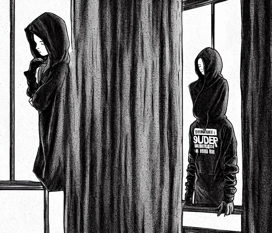 Image similar to sadie sink in hoodie sits on windowsill, knees tucked in | rain falls at night : storyboard, scifi cyberpunk. by gabriel hardman. cinematic atmosphere, detailed and intricate, perfect anatomy