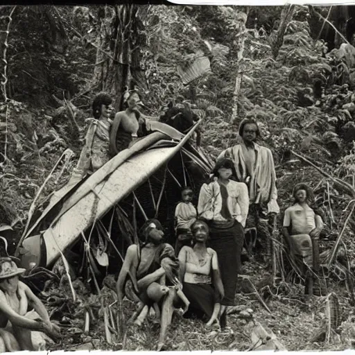 Image similar to a vintage photograph of a tribe living in a crashed airplane in a dense jungle