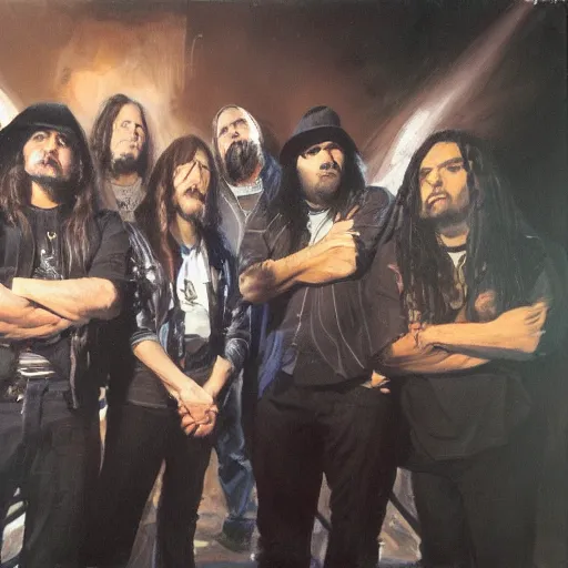 Prompt: greg manchess painting of an metal band photo, direct flash photography at night, film grain