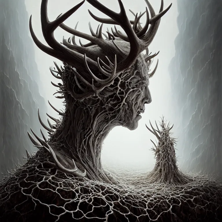 Prompt: surreal portrait of white demon covered with ribbed white spiky spiral crooked antlers, in wastelands on white exoplanet at night, baroque portrait painting, beautiful intricate insanely detailed octane render, artstation, 8 k artistic harsh flash photography, photorealistic, volumetric perfect light, chiaroscuro, raphael, caravaggio, beksinski, rutkowski, giger