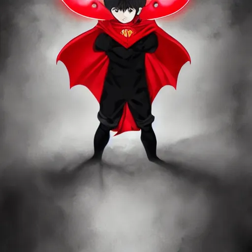 Image similar to little boy with cat ears in an black latex suit with red cape. digital artwork made by lois van baarle and kentaro miura, sharpness focus, inspired by hirohiko araki, anatomically correct, heroic composition, hero pose, dark city