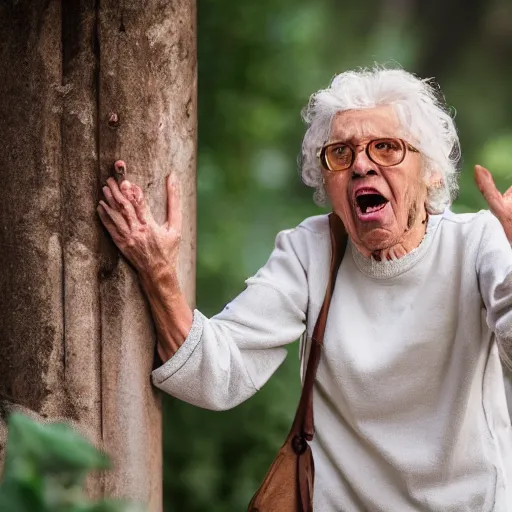 Prompt: elderly woman screaming at jesus, canon eos r 3, f / 1. 4, iso 2 0 0, 1 / 1 6 0 s, 8 k, raw, unedited, symmetrical balance, wide angle