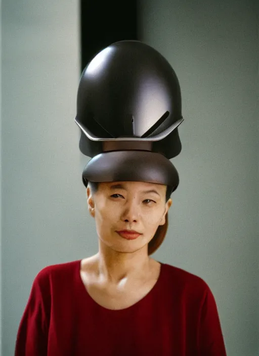 Prompt: a fashion portrait photograph of a woman wearing a helmet designed by tadao ando, 3 5 mm, color film camera,