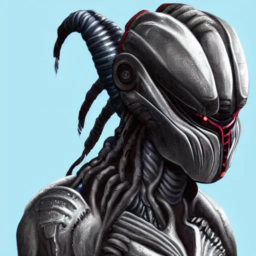 Prompt: digital painting of an alien with dreadlocks and wearing grey high tech armor, The Predator, Yautja, hyperdetailed, trending on Artstation