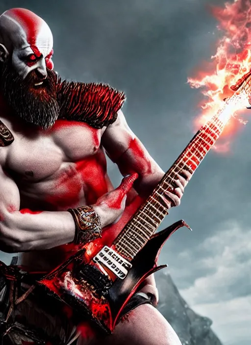 Image similar to red makeup stripe armored screaming kratos rocking hard on a flaming stratocaster guitar, cinematic render, god of war 2 0 1 8, playstation studios official media, lightning, flames, clear, coherent, guitar