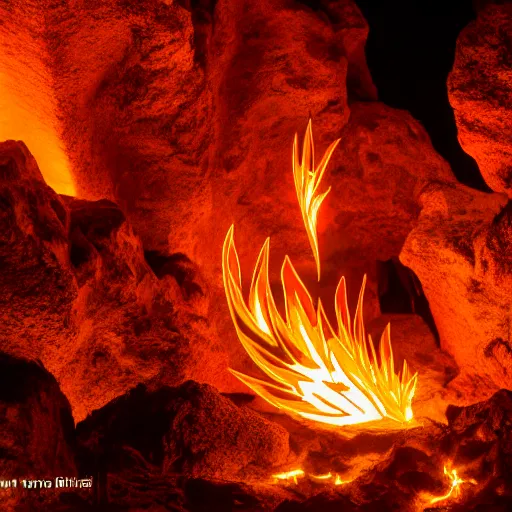 Prompt: bright fire pheonix in dark cave , 4k , fantastic light