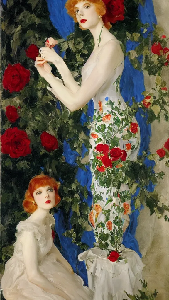 Image similar to portrait of young julee cruise in detailed golden sleeve balloon dress beside a pot of red roses, a persian blue detailed curtain in back painted by john singer sargent