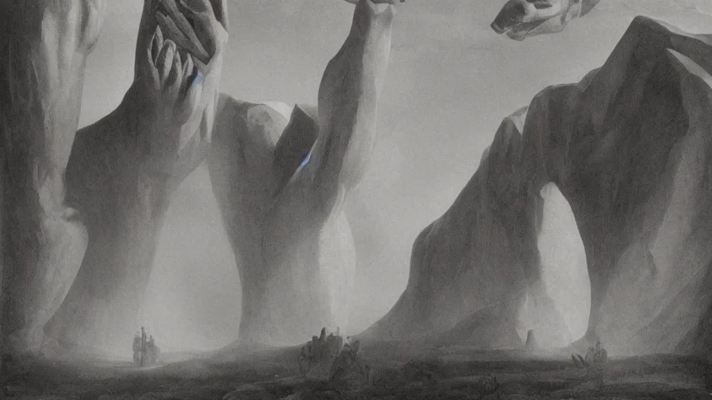 Image similar to a medieval chiaroscuro lithograph of a colossal sculpture by kurt seligmann and edward steichen, enormous creatures augment my desire coming out of a fog