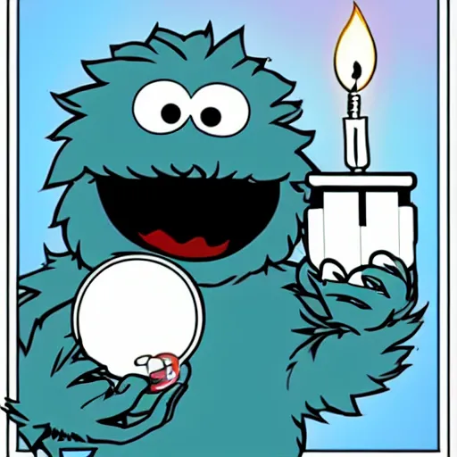 Image similar to cookie monster holding a light samer, anime style.