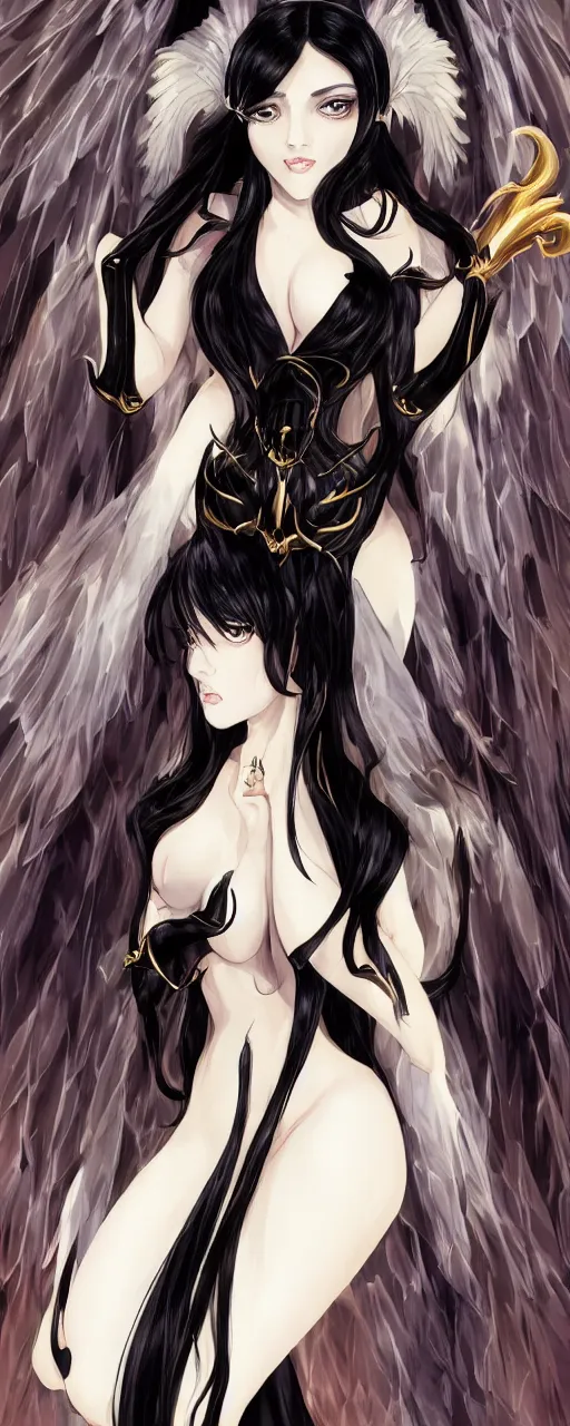 Image similar to An impeccable beauty, Albedo is a woman with lustrous jet-black hair and the face of a goddess. She has golden irises and vertically split pupils; on her left and right temples are two thick horns protruding crookedly, and on her waist are a pair of black angel wings. Albedo wears a pure white dress with silky gloves covering her slender hands and a golden spiderweb necklace that covers her shoulders and chest. In combat, she wears an impressive black full plate armor with a unique helmet and carries a battle-axe with her. Octane Render, Photorealistic Render, Hyper Realistic, Noir