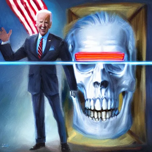 Image similar to Joe Biden with glowing lens flare eyes sitting on a throne made out of human skulls, oil painting