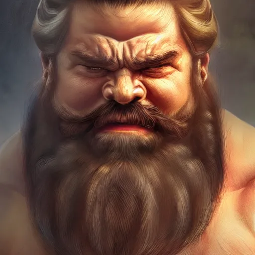 Prompt: photorealistic portrait of a dwarf with a large beard, muscular build, tough, highly detailed trending on artstation, photo, medieval, big muscles, fantasy, intricate details, dramatic, cinematic