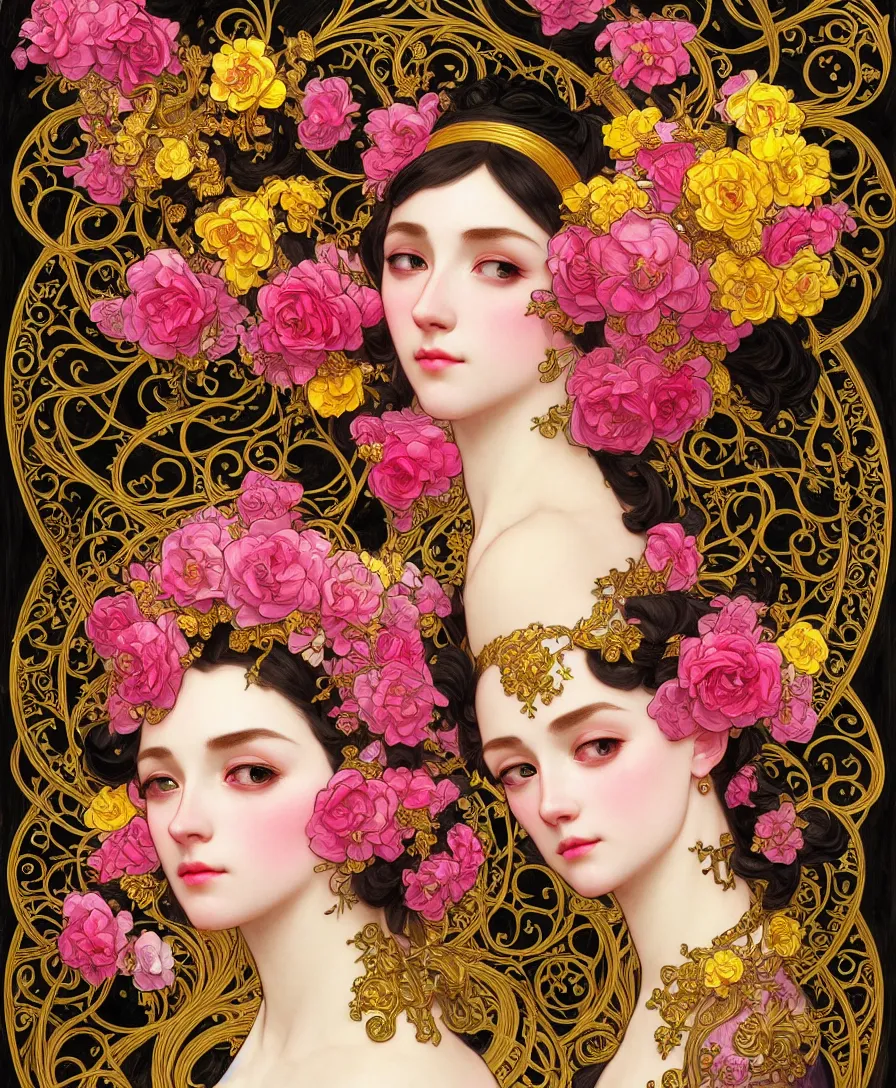 Image similar to beautiful black pink yellow, complicated gold and pink flowers in baroque style headwears, dark fantasy, intricate, elegant, highly detailed, digital painting, artstation, concept art, matte, 3 d 8 k octane rendered, sharp focus, illustration, octane rendered, art by artgerm and alphonse mucha, leesha hannigan