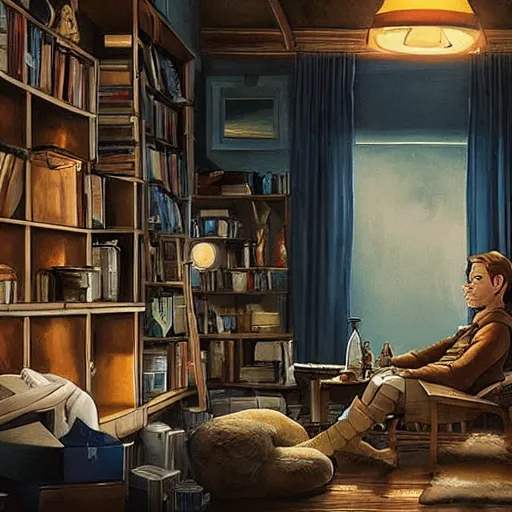 Image similar to ewan mcgregor is having a coffee in a draw room, white cat, huge bookshelf at the background, fireplace, digital art, very detailed, extreme long shot, atmosphere, dramatic lighting, epic composition, wide angle, by miyazaki, nausicaa ghibli, breath of the wild