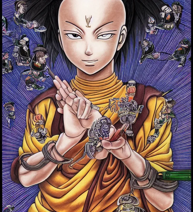 Prompt: buddhist taoist drawing painting mural of a beautiful girl portrait in miyazaki toriyama escher gantz onepunchman style detailed trending award winning